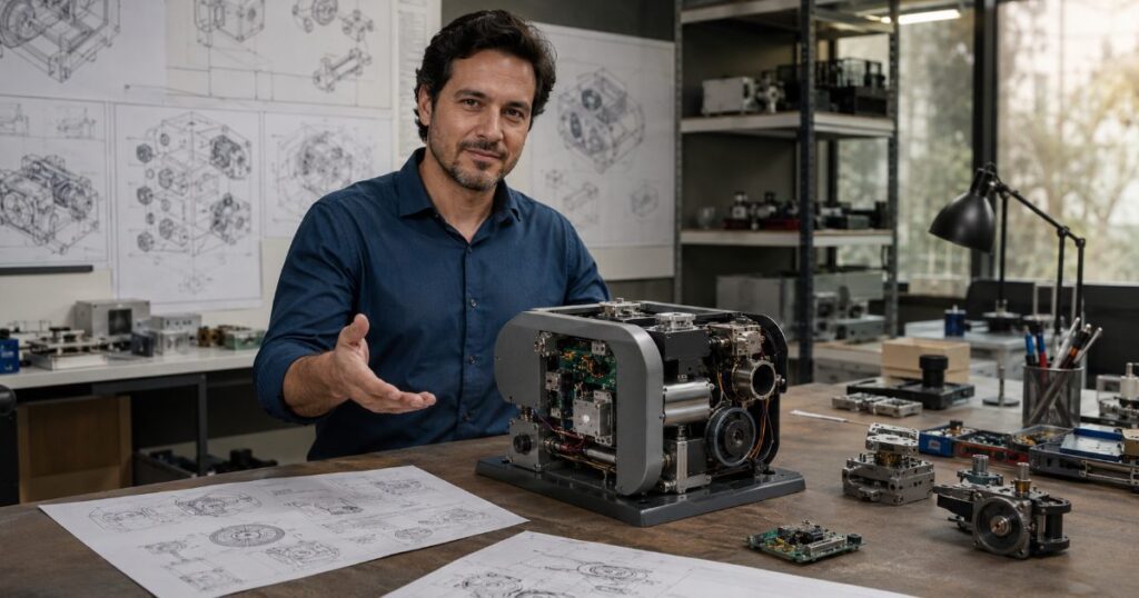 Inventor apresentando um protótipo inovador de dispositivo técnico na bancada com desenhos de engenharia