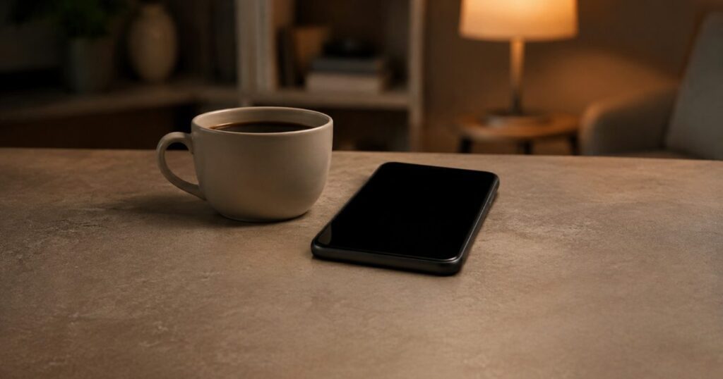 smartphone desligado ao lado de xicara de cafe a noite