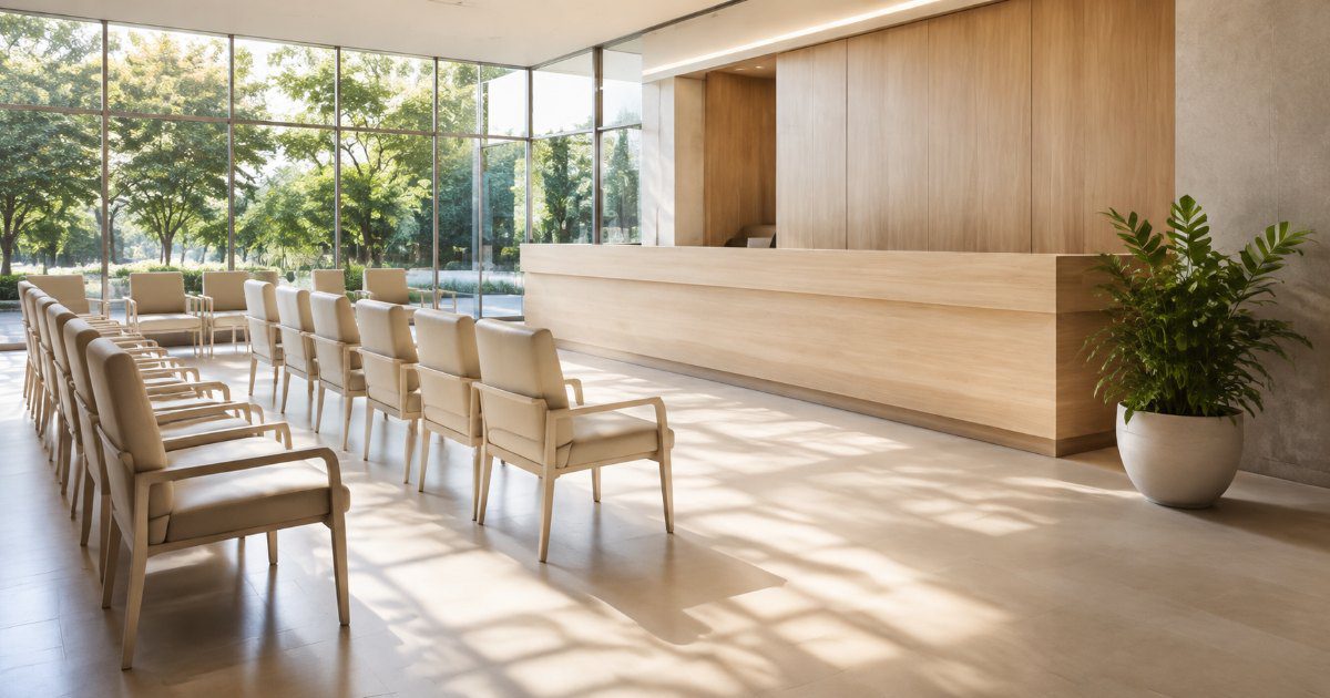 Sala de espera clara de orgao de atendimento ao cidadao com cadeiras alinhadas e luz natural