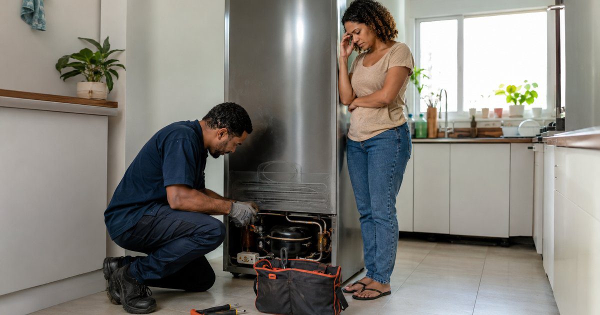 Técnico consertando geladeira enquanto morador observa preocupado, cena editorial sobre dano elétrico