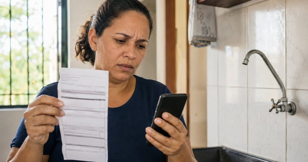 Pessoa confusa segurando comprovante de pagamento perto de torneira, cena editorial sobre religação de serviço