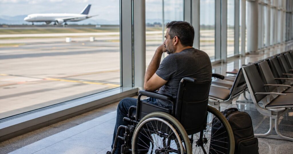 Passageiro em cadeira de rodas esperando sozinho no aeroporto observando avião partir, cena editorial