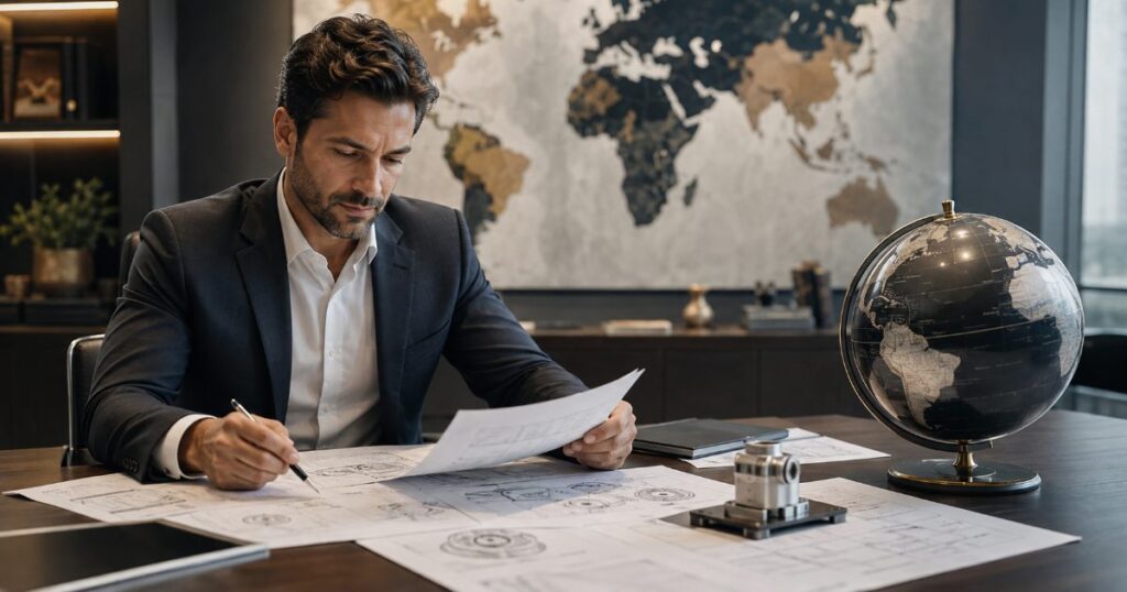 Empresário em escritório internacional planejando expansão global com globo terrestre e mapa-múndi ao fundo