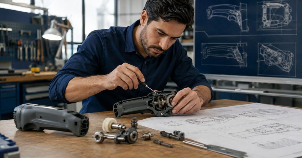 Engenheiro em bancada aprimorando o mecanismo funcional de uma ferramenta com componentes mecânicos e desenhos