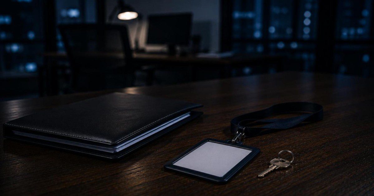 Crachá de identificação com cordão e chave sobre mesa de madeira escura, ao lado de pasta de documentos, em escritório noturno vazio