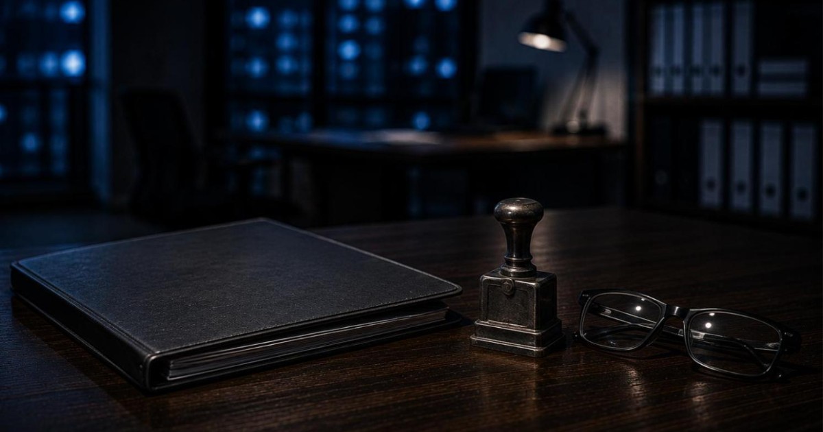 Pasta de contrato fechada, carimbo de metal antigo e oculos de leitura sobre mesa escura em escritorio noturno, ilustrando contratacao por pessoa juridica