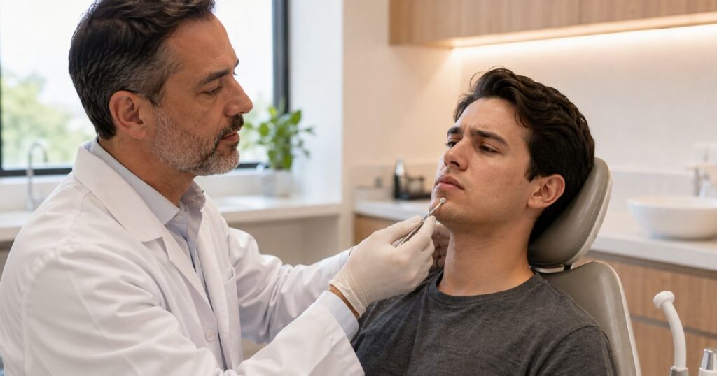 Dentista toca com um instrumento a região do lábio e queixo de um paciente jovem na cadeira odontológica para testar a sensibilidade da pele.