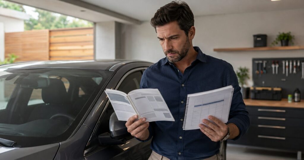 Proprietário de carro consultando o manual de revisões e a agenda de manutenção ao lado do veículo em uma garagem residencial