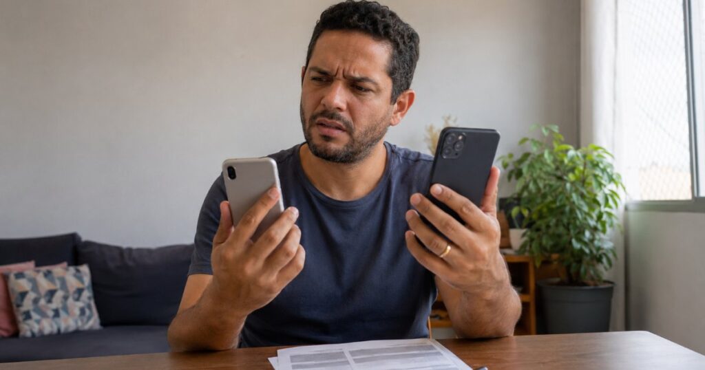 Pessoa confusa segurando dois celulares em casa, cena editorial sobre portabilidade