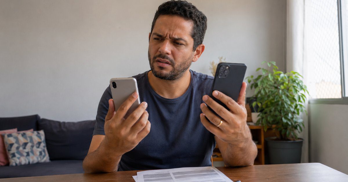 Pessoa confusa segurando dois celulares em casa, cena editorial sobre portabilidade