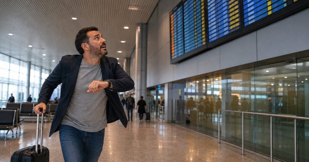 Homem correndo desesperado em aeroporto olhando painel de voos, cena editorial sobre voo perdido