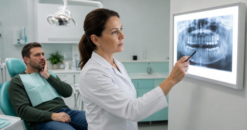 Dentista examina radiografia panorâmica em negatoscópio enquanto paciente sentado na cadeira odontológica leva a mão ao rosto com desconforto.