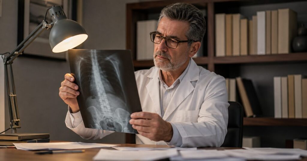 Médico perito de óculos analisa uma radiografia contra a luz de uma luminária em seu escritório, com anotações sobre a mesa.