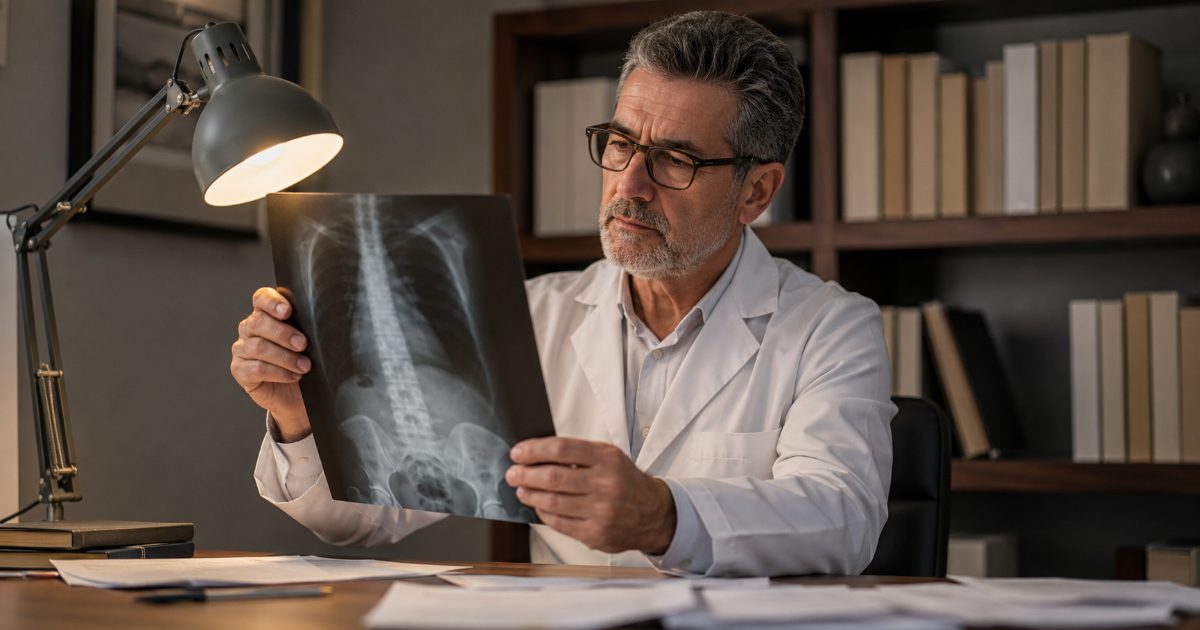 Médico perito de óculos analisa uma radiografia contra a luz de uma luminária em seu escritório, com anotações sobre a mesa.