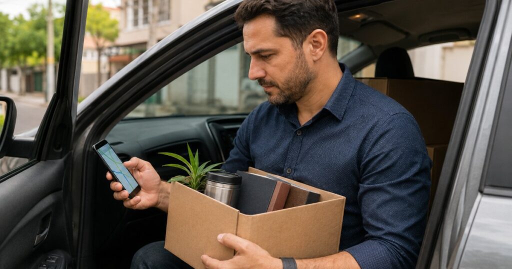 Funcionario brasileiro se preparando para mudanca de cidade a trabalho com caixa e mapa no celular