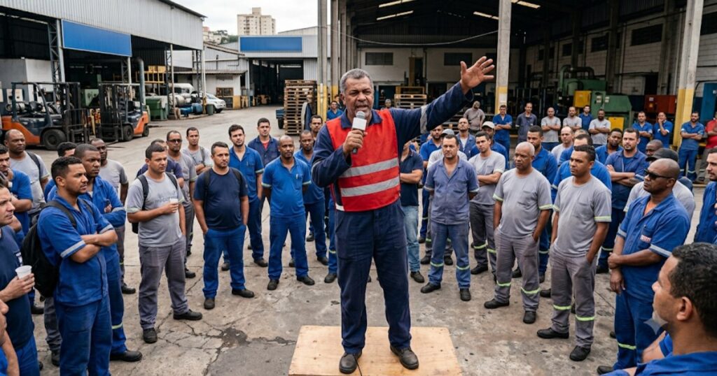 Representante sindical brasileiro discursando para trabalhadores em patio de fabrica