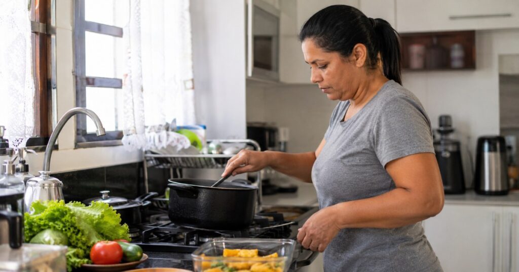 Cuidadora domestica brasileira preparando refeicao em cozinha organizada