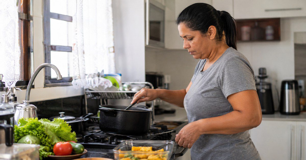 Cuidadora domestica brasileira preparando refeicao em cozinha organizada