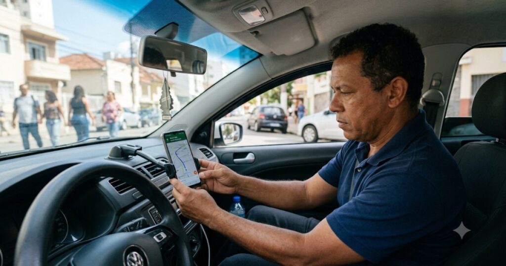 Motorista de aplicativo brasileiro dentro do carro verificando rota no celular
