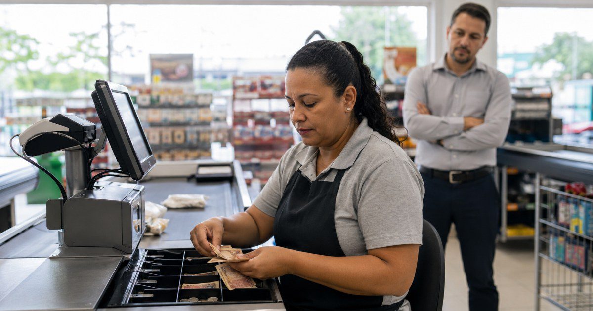Operador de caixa brasileiro em supermercado conferindo dinheiro na gaveta do caixa