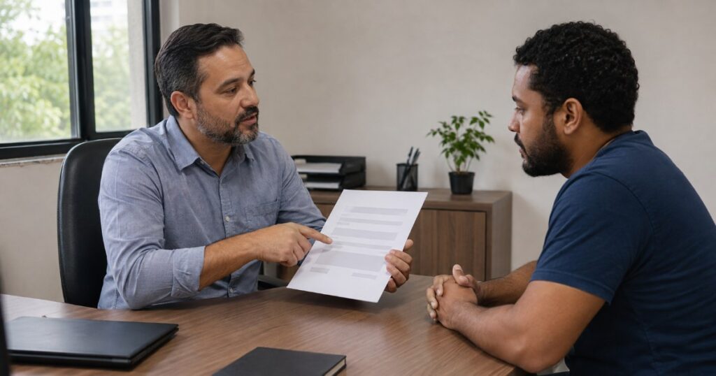 Gestor brasileiro conversando com funcionario sobre acordo de reducao de jornada em escritorio