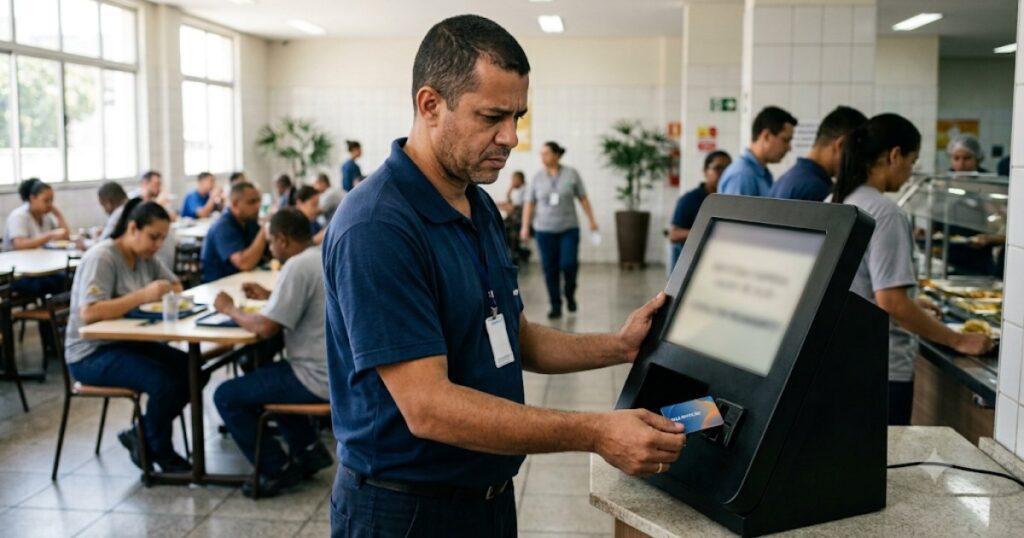 Trabalhador brasileiro verificando saldo do vale-refeicao em maquininha no refeitorio