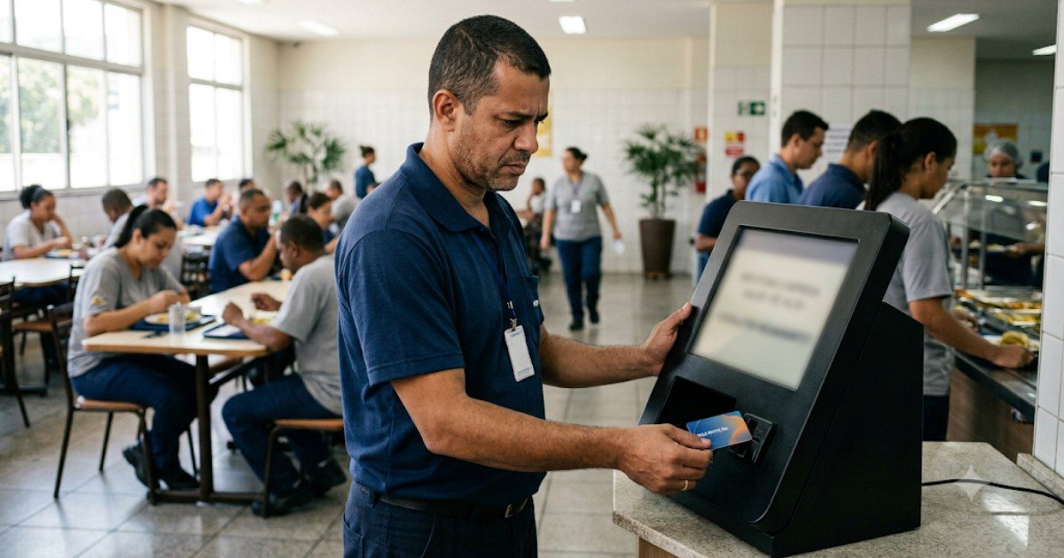 Trabalhador brasileiro verificando saldo do vale-refeicao em maquininha no refeitorio