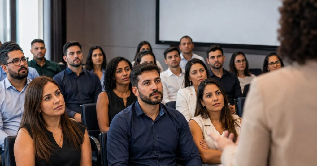 Funcionarios em auditorio de empresa ouvindo apresentacao
