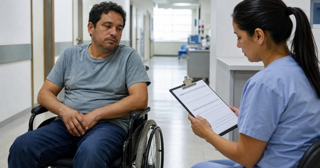 Paciente em cadeira de rodas aguardando em corredor de hospital enquanto enfermeira analisa formulário, cena editorial