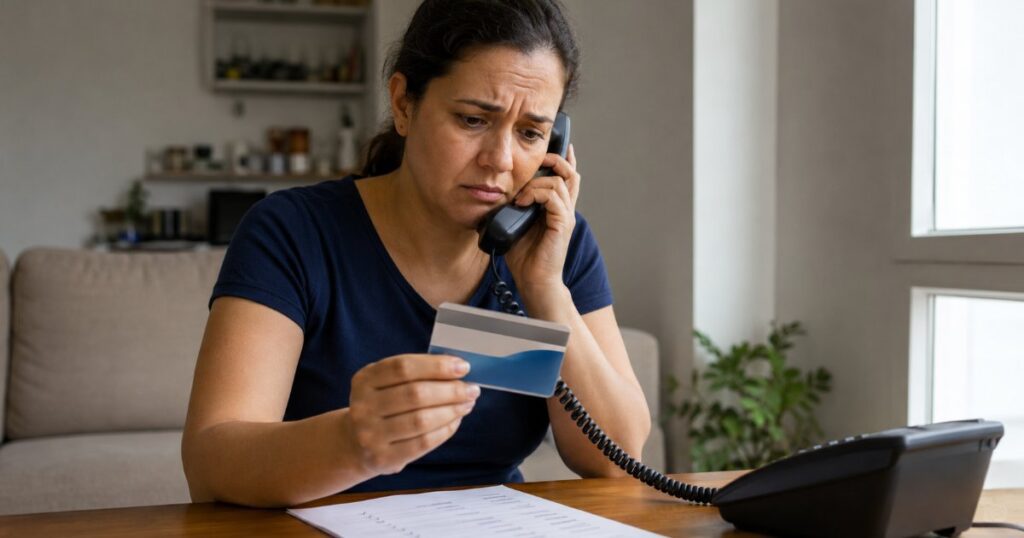 Pessoa triste ao telefone olhando cartão do plano de saúde em casa, cena editorial sobre descredenciamento
