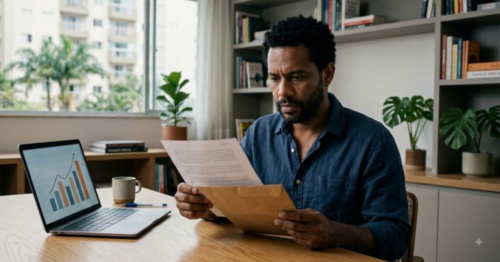 Homem le um documento e um envelope em uma mesa de escritorio domestico com notebook ao lado