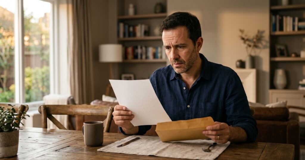 Homem sentado à mesa em casa, expressão preocupada, segurando um papel e um envelope, refletindo sobre o descumprimento de uma liminar pelo plano de saúde