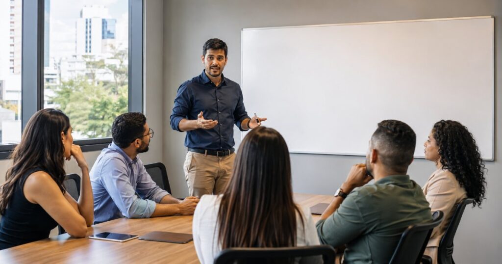 Gestor apresentando resultados para a equipe em sala de reuniao