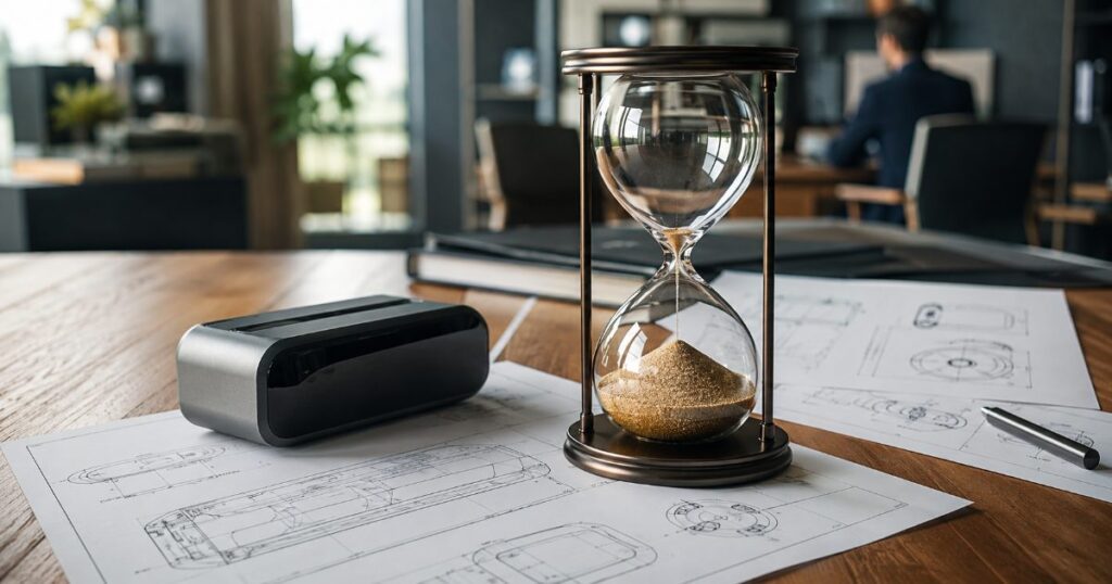 Ampulheta sobre mesa de escritório ao lado de documentos técnicos de uma invenção e um produto tecnológico