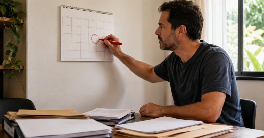 Homem marcando data importante em calendário de parede com documentos jurídicos na mesa, cena editorial sobre prazo para dano moral