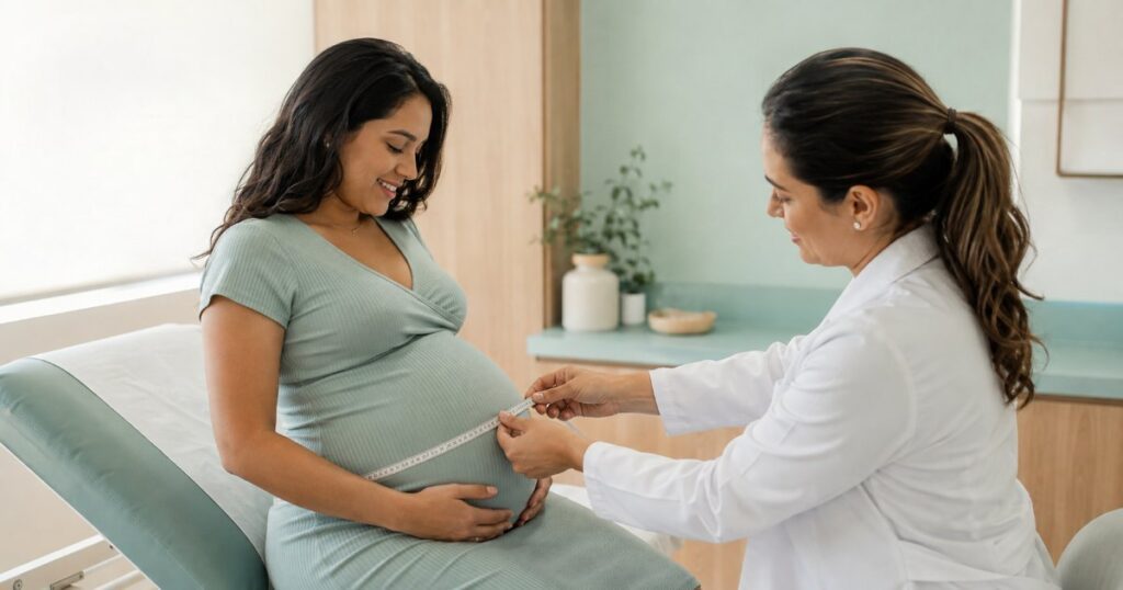 Gestante sentada na maca de um consultório enquanto uma médica de jaleco branco mede a altura uterina com fita métrica