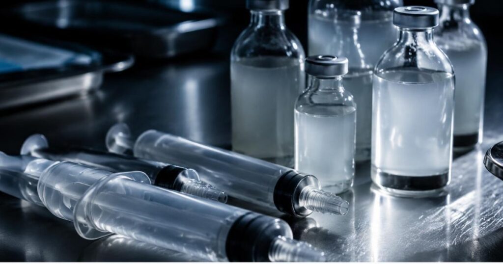 Seringas de grande volume e frascos sem identificacao sobre superficie metalica