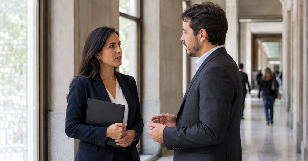 Advogada e representante da empresa conversando em corredor