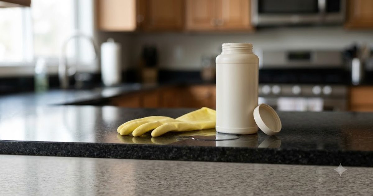 embalagem de produto domestico e luva de protecao em bancada