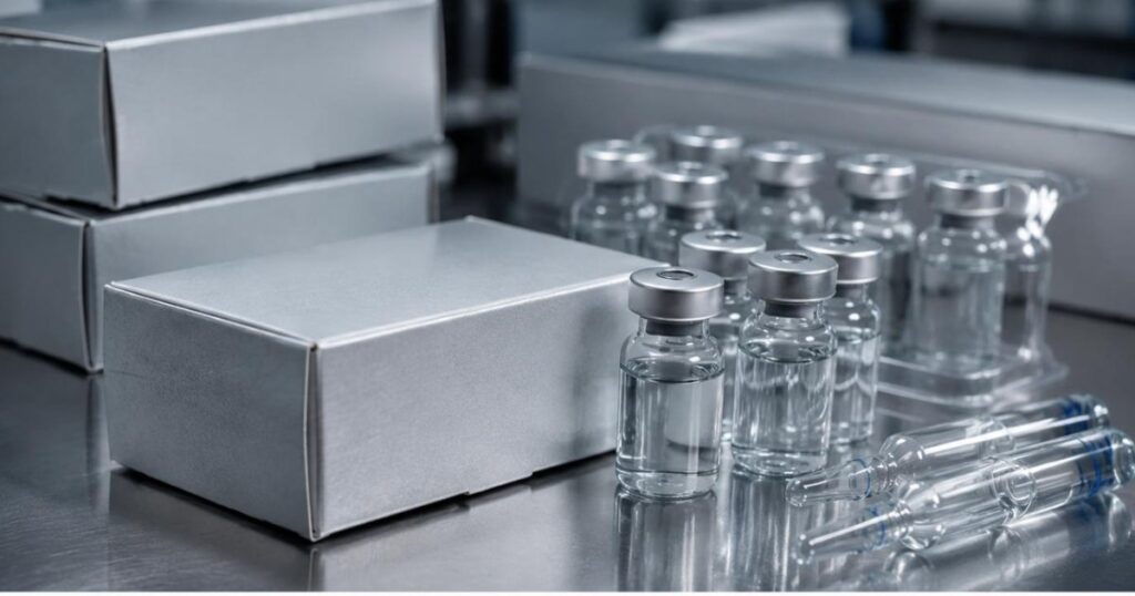Caixas e ampolas sem rotulo sobre bancada de aco inox em laboratorio