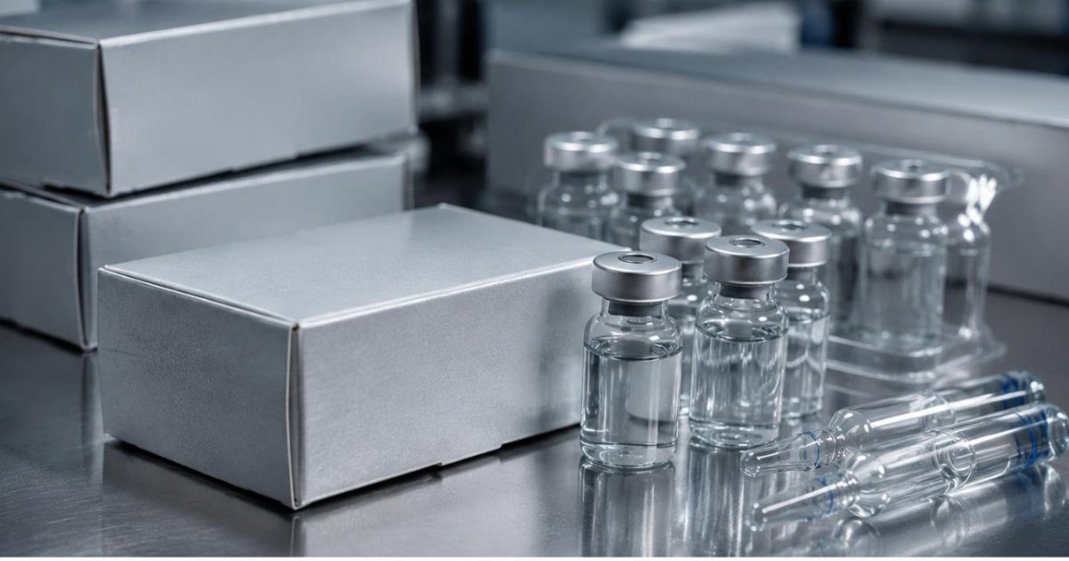 Caixas e ampolas sem rotulo sobre bancada de aco inox em laboratorio