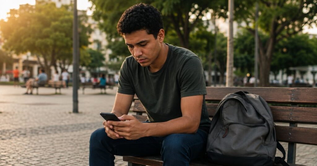 Jovem desanimado sentado em banco de praca olhando o celular