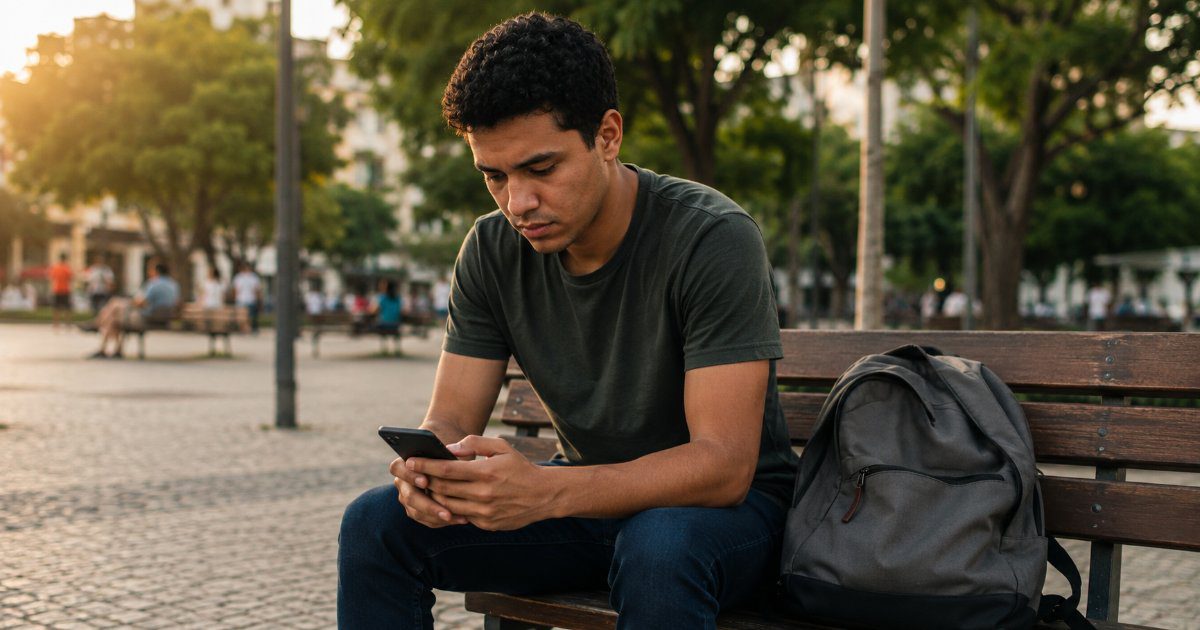 Jovem desanimado sentado em banco de praca olhando o celular