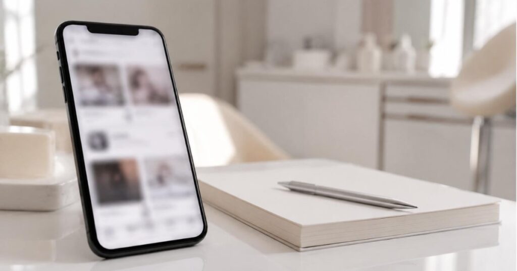 Celular sobre mesa clara de clinica exibindo tela desfocada de rede social ao lado de caderno e caneta