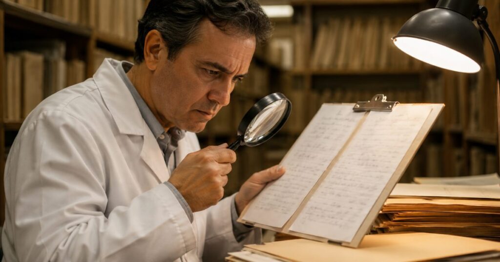 Profissional de jaleco examina com uma lupa páginas de um prontuário médico em uma sala de arquivo hospitalar, com expressão séria e atenta.