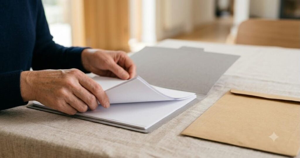 Maos organizando folhas dentro de uma pasta aberta sobre mesa de linho claro ao lado de envelope pardo