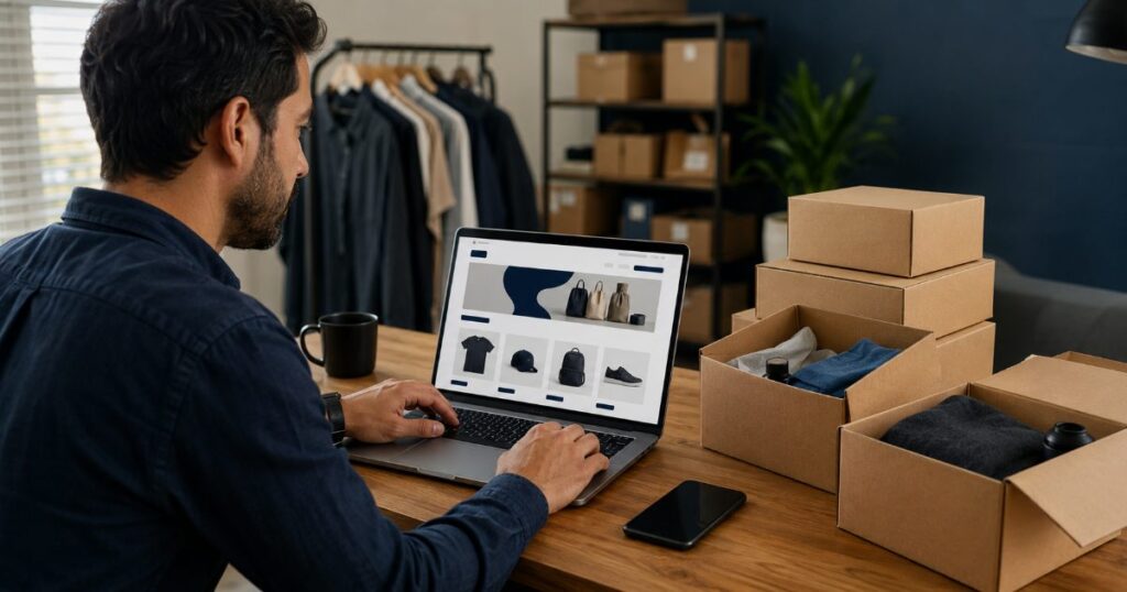 Empreendedor montando uma loja virtual em notebook com página de e-commerce ao lado de caixas de produtos
