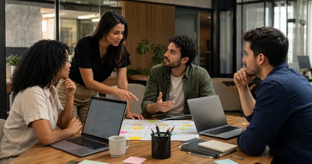 Equipe jovem de uma startup reunida ao redor de uma mesa em escritório de coworking discutindo inovação