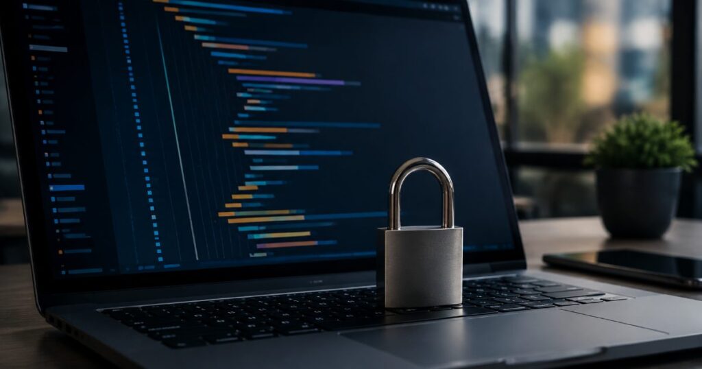 Tela de computador exibindo linhas de código-fonte com um cadeado sobre o teclado sugerindo proteção de software