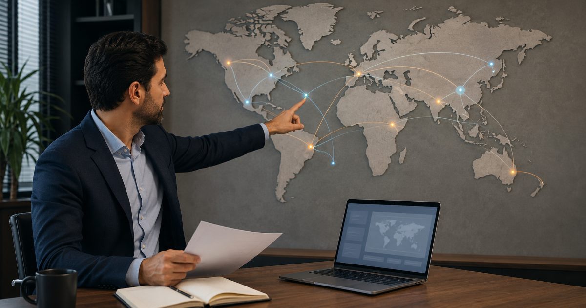 Empresário em escritório moderno diante de mapa-múndi conectando pontos em diferentes países